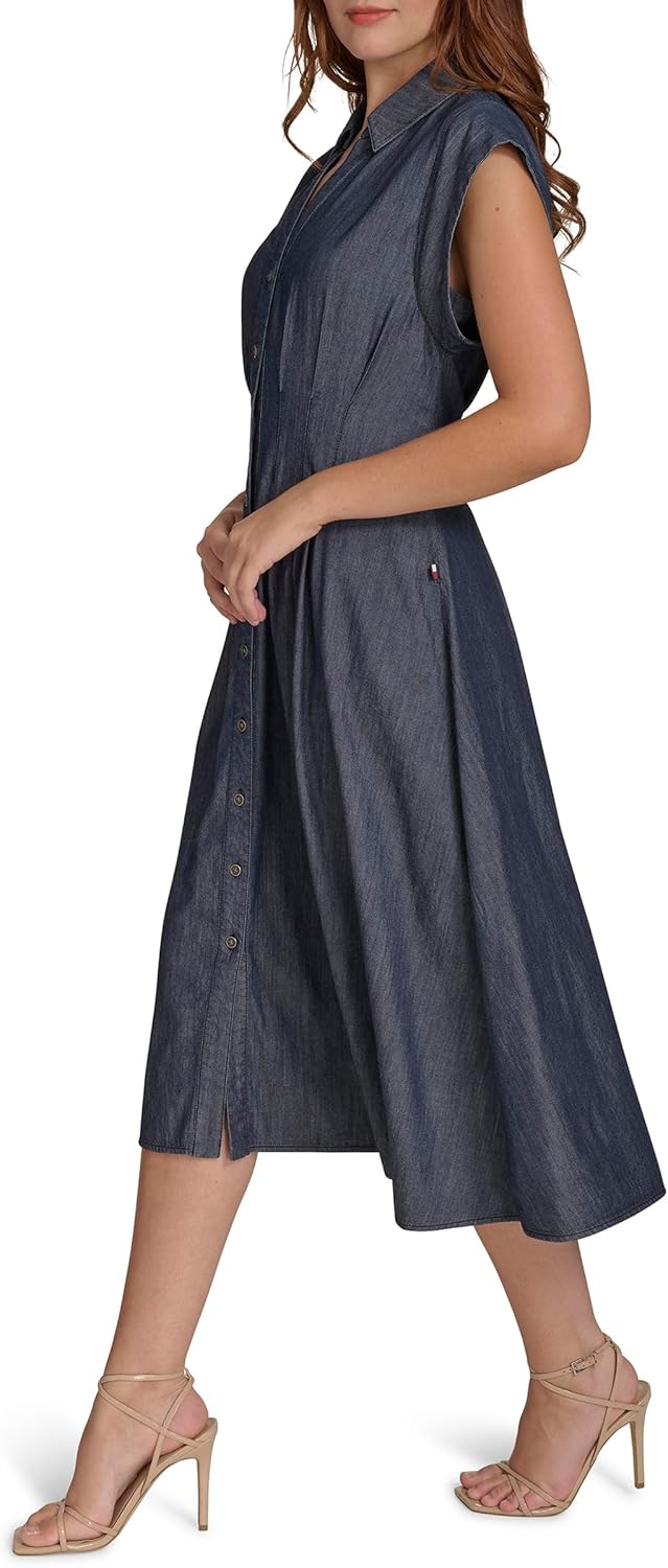 Tommy Hilfiger Women's Cap Sleeve Collared Waist Pleating A-Line Midi Shirt Dress, Dark Wash, 12