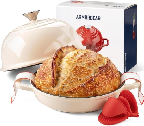 Armorbear 9.5-Inch Enameled Cast Iron Sourdough Bread Oven, Dome Lid, White | Sourdough Dutch Oven: Shallow Base, Raised Rim Forms a Tight Dome-to-Base Fit; Safe to 500°F, Bread Sling and Mitts Included