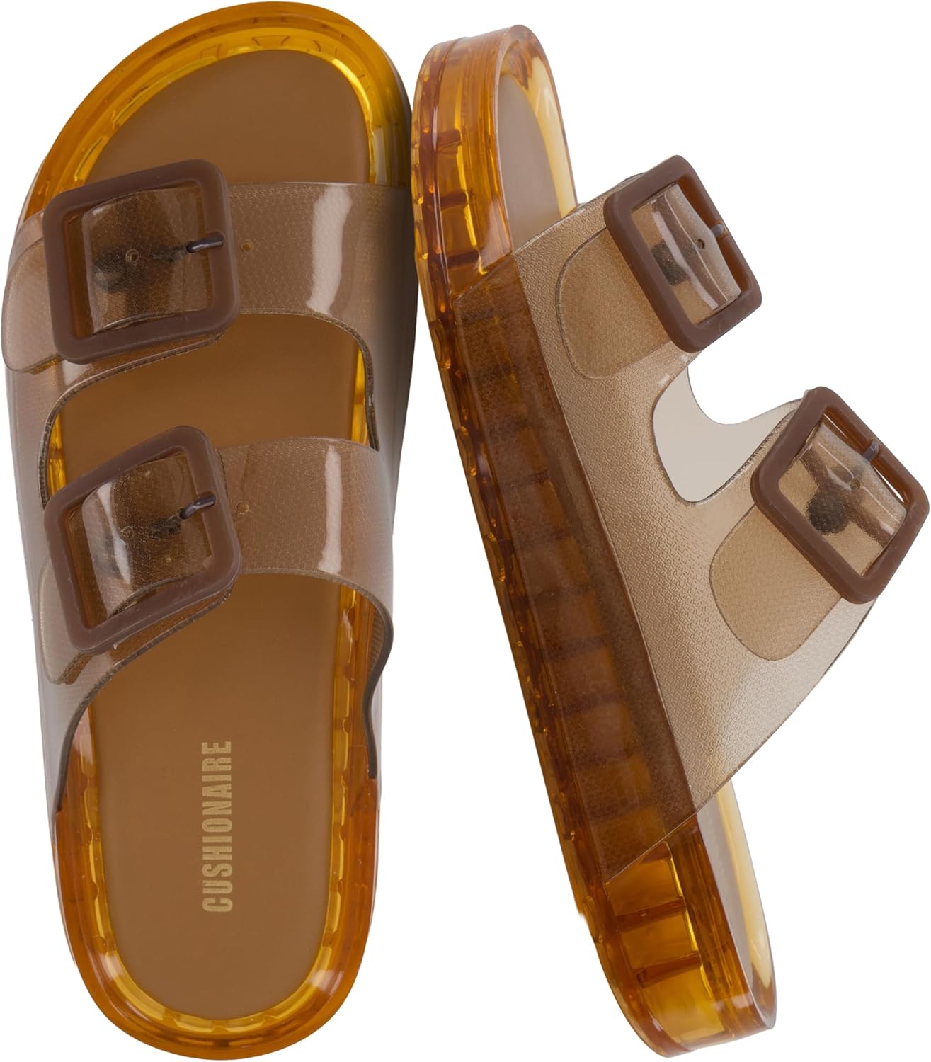 CUSHIONAIRE Pool Slides for Women Waterproof Double Buckle Adjustable Slip-On Womens Sandals for Beach Shower Casual Wear, Whiskey 8