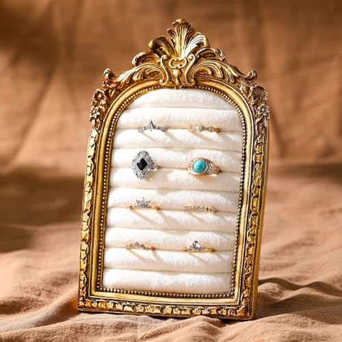Vintage Ring Holder Arch Gold Ring Wedding Display Suede Jewelry Box Stand Frame Earring Tray Anniversary Engagement Baroque Organizer Photograph Prop for Women Birthday Christmas Gift