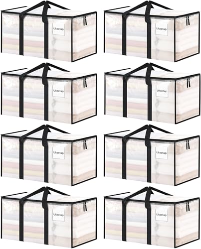 8 Pack Extra Large Clothes Storage Bins with Lids, Clear | Storage Bags with Reinforced Handles & Heavy-Duty Zippers, Moving Bags Boxes Totes for Clothes Packing, Dorms, College
