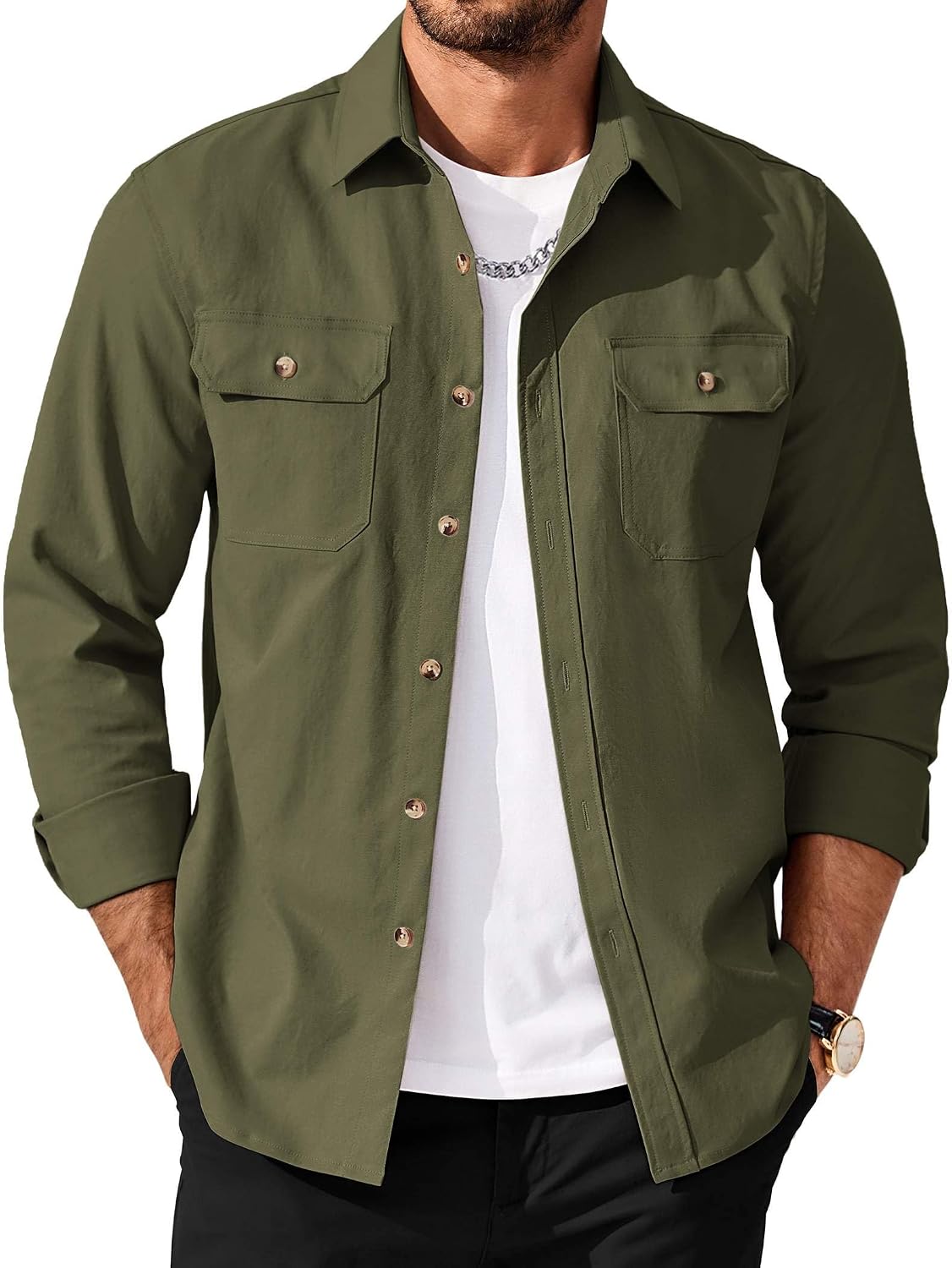 COOFANDY Shirts for Men Casual Long Sleeve Button Down Shirts Mens Lightweight Jackets Olive Green