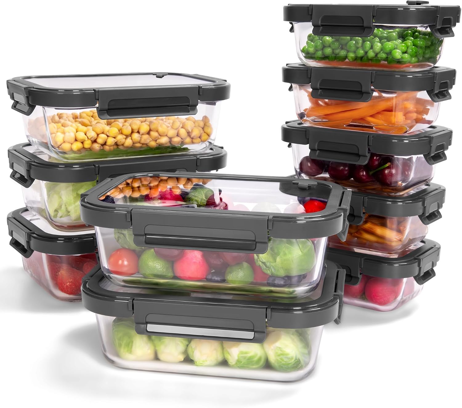 BOROHOUSE 10-Pack Glass Food Storage Containers with Tempered Glass Lids – Borosilicate, Airtight, Oven-Safe (-4°F~950°F), BPA-Free, 4.4 & 1.6 Cup, Leak-Proof, Dishwasher Safe (Gray)