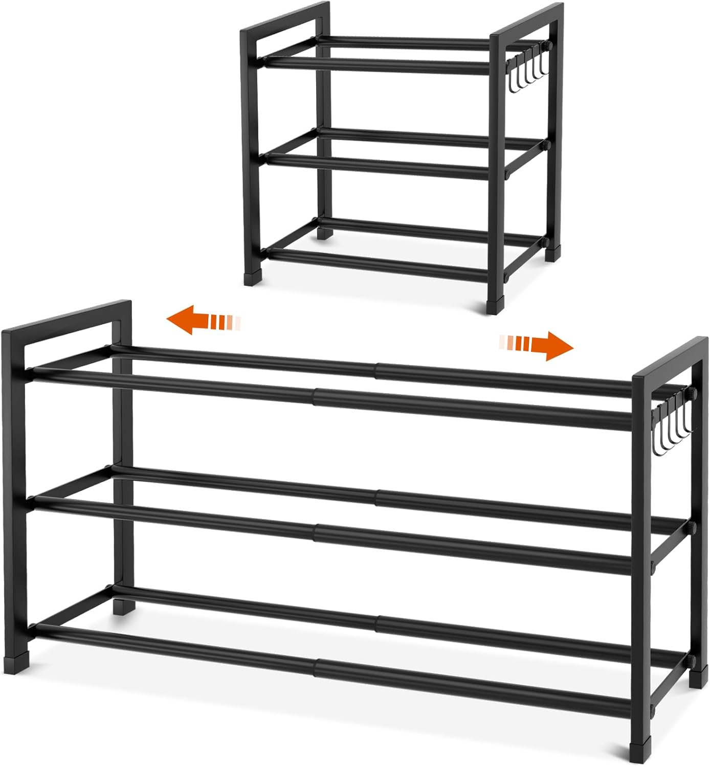 Expandable Shoe Rack for Small Spaces, Adjustable Width 18.5"–33", 3-Tier Sturdy Metal Shoe Organizer for Entryway, Closet, Bedroom Garage Dorm, Free Standing Shoe Organizer 12 Pairs with Hooks, Black