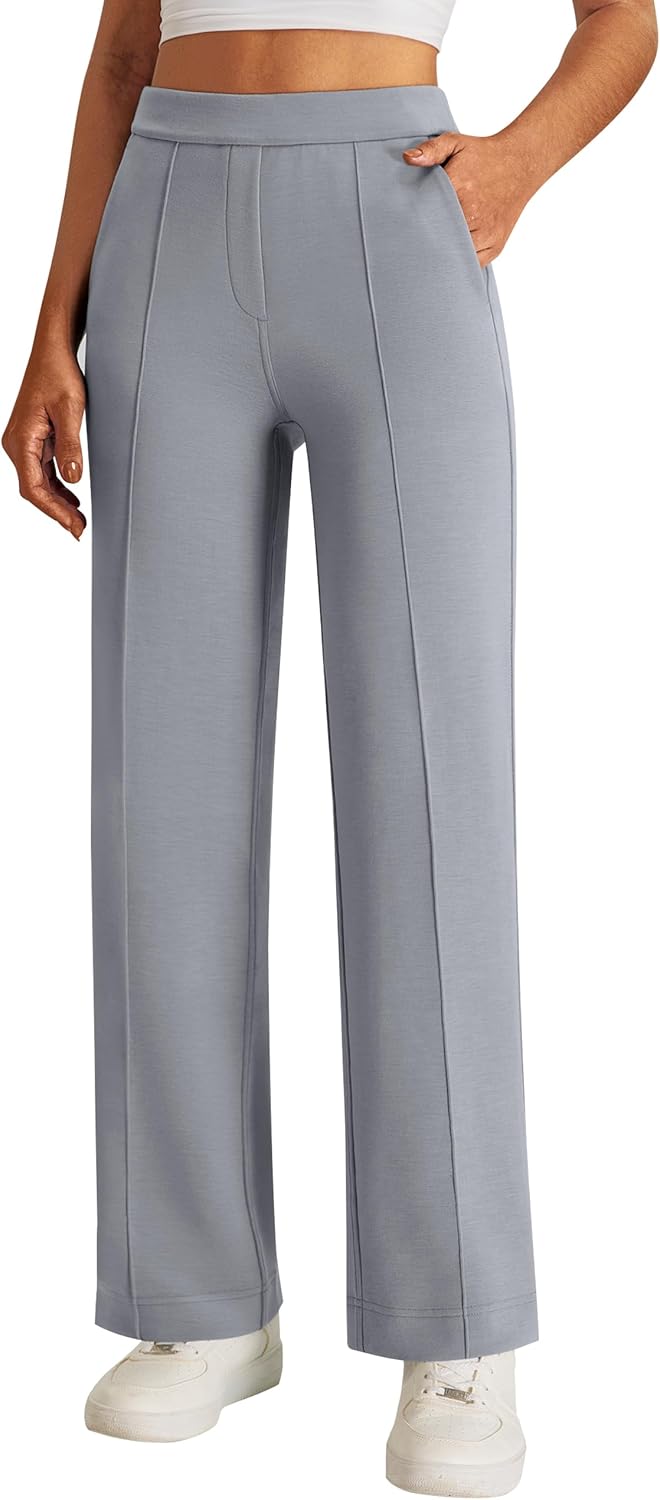 Women's Work Pants 32" High Waisted Casual Track Pant Yoga Travel Golf Joggers Pockets Slacks Fall Clothes (Large, Grey)