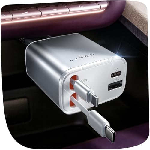 LISEN Retractable Car Charger for iPhone, for iPhone 17 Pro Max 16 15 14 13 12 Plus Mini, Cute 4 in 1 Retractable USB C Car Charger Fast Chareg for Women Men, 84W Fast Charging Car Accessorie