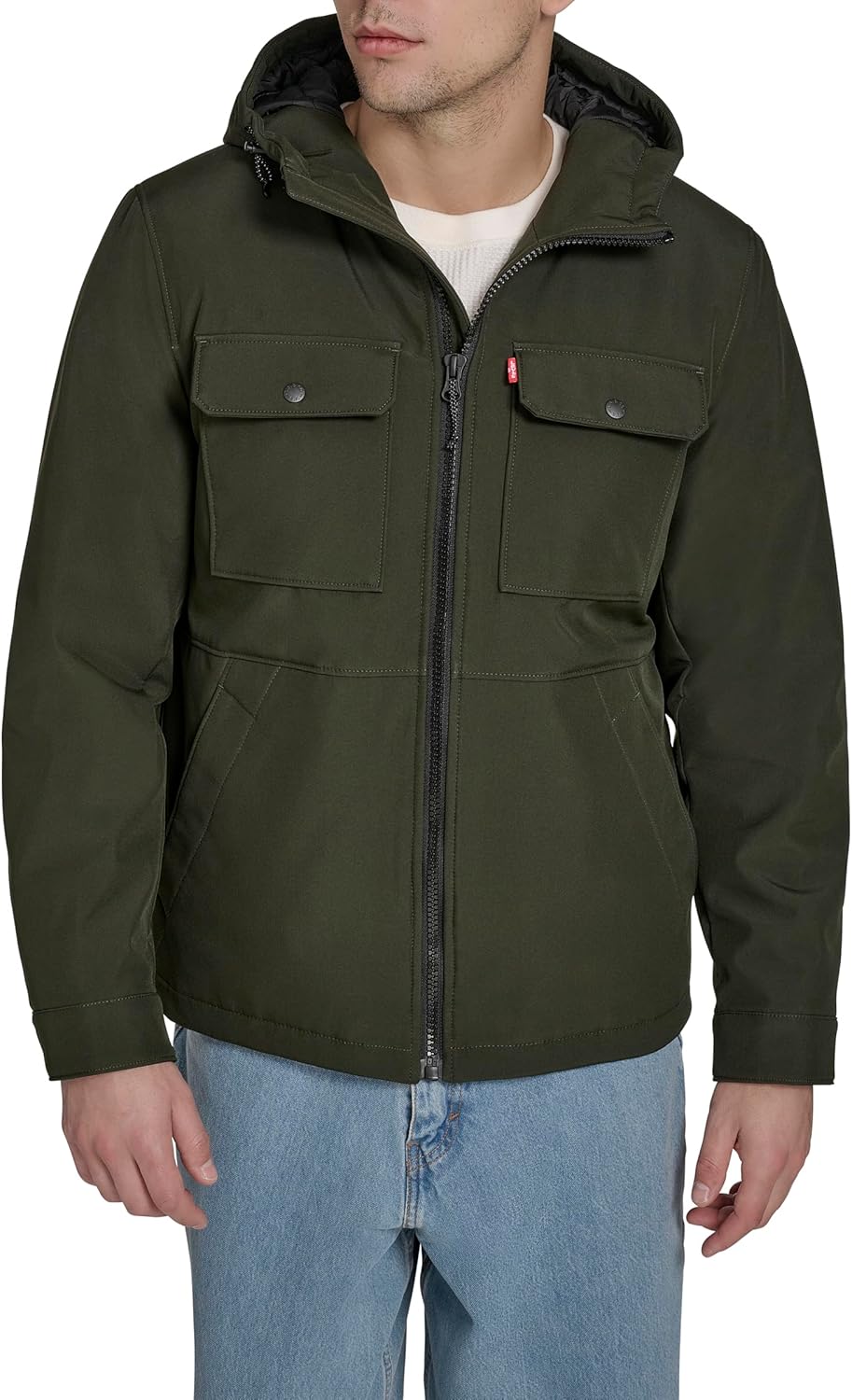 Levi's Men's Ripstop Softshell Jacket with Hood, Olive Waffle, Medium