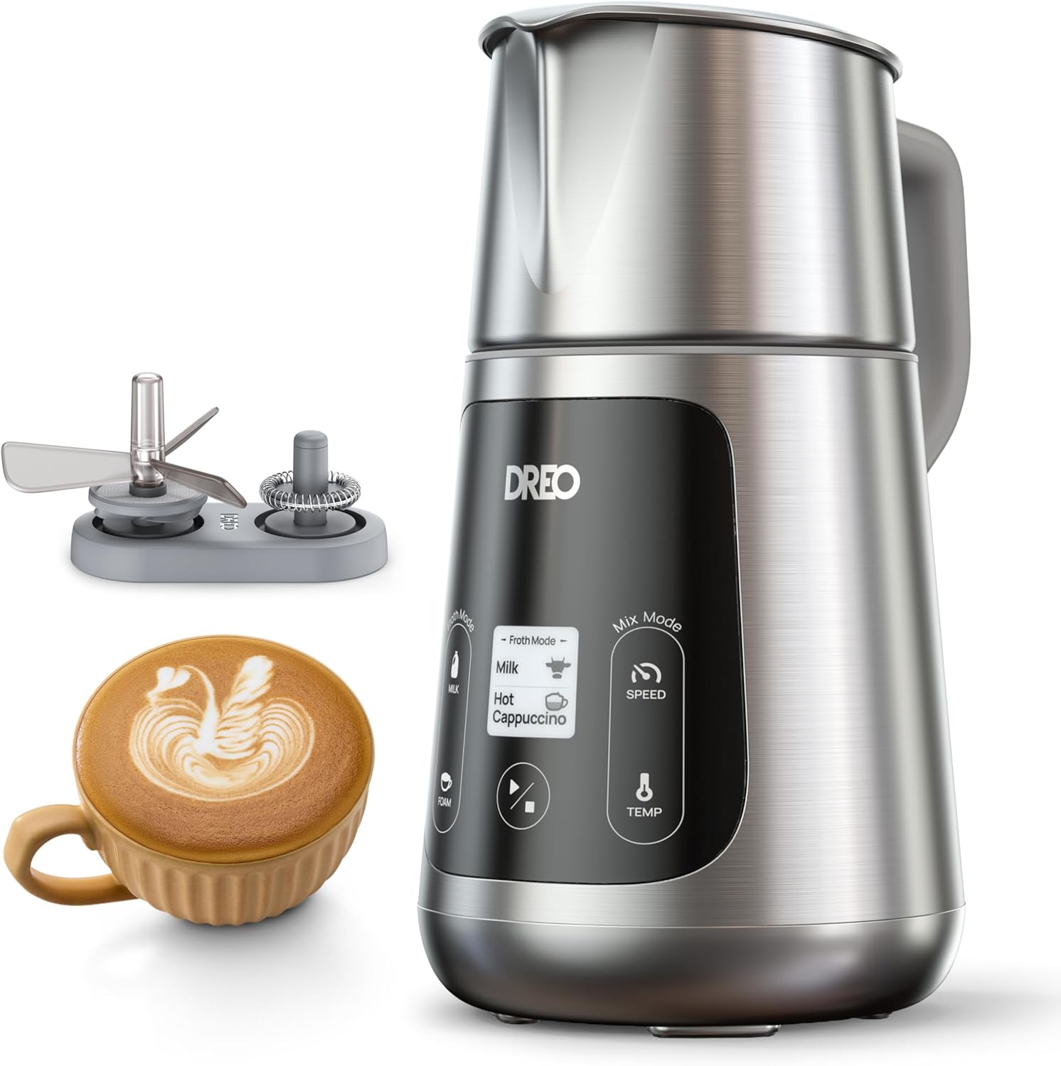 DREO Milk Frother, All-in-1 Electric Foam Maker for Coffee, 15oz/450ml Automatic Foam Frother for Latte Art-level Microfoam, 30+ Drinks, Easy to Clean, Dishwasher Safe, LED display