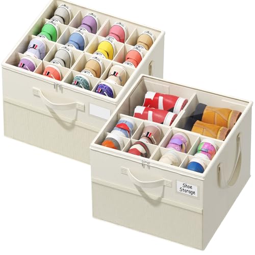 NestOrganix 2 Pack Shoe Organizer for Closet, Large Shoe Box Storage Containers, Foldable Shoe Storage Organizer Box Bin with Adjustable Dividers and Clear Cover, Space Saving Shoes Holder, Beige