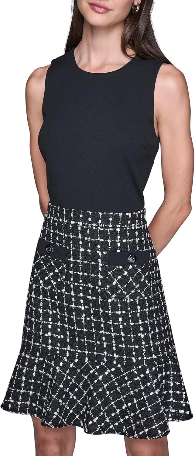 Karl Lagerfeld Women's Sleeveless Contrast Grid Tweed Skirt A-line Dress
