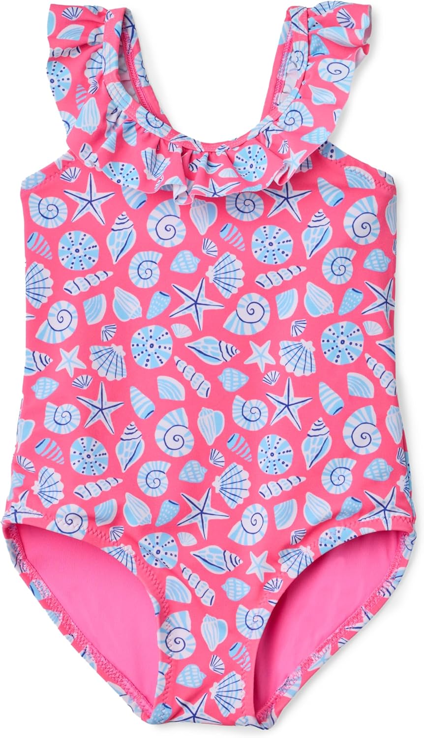 Amazon Essentials Girls' Frill-Trimmed One Piece Swimsuit, Hot Pink Shells, 3T