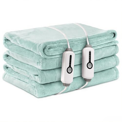 LaffyLo Electric Heated Blanket King Size 90" x 100", Dual Controls, 4 Heat Settings, 10-Hour Auto Shutoff, Overheat Protection, Machine Washable, Mint Green