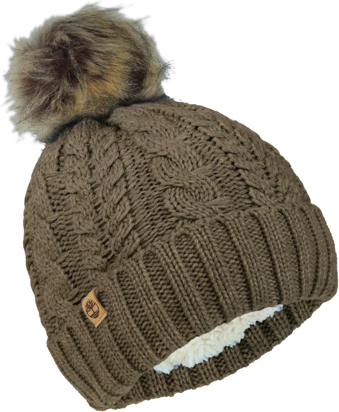 Timberland Women’s Cable Knit Faux Fur Pom Beanie - Soft Winter Hat, Ribbed Cuff, Warm Lining, Stylish Cozy Cold Weather Wear, Chocolate Chip, One Size