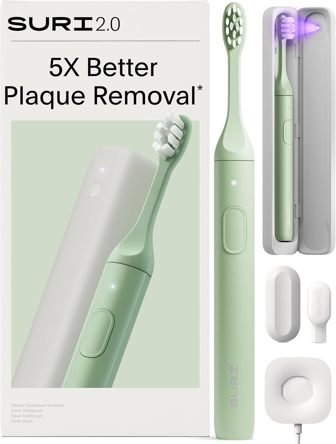 2.0 New Sonic Electric Toothbrush with Pressure Sensor & UV-Cleaning Travel Case | 1 Month+ Battery | Electric Toothbrush for Adults | Travel Toothbrushes | Tooth Brush | Green