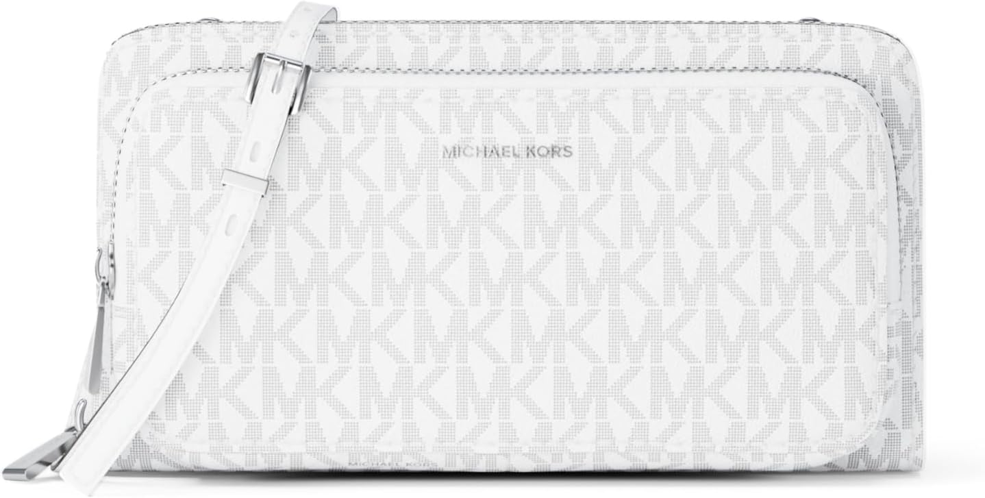 Michael Kors Jet Set Large Continental Crossbody Wallet, Silver-Tone Hardware/Signature Coated Twill/Optic White/Allum