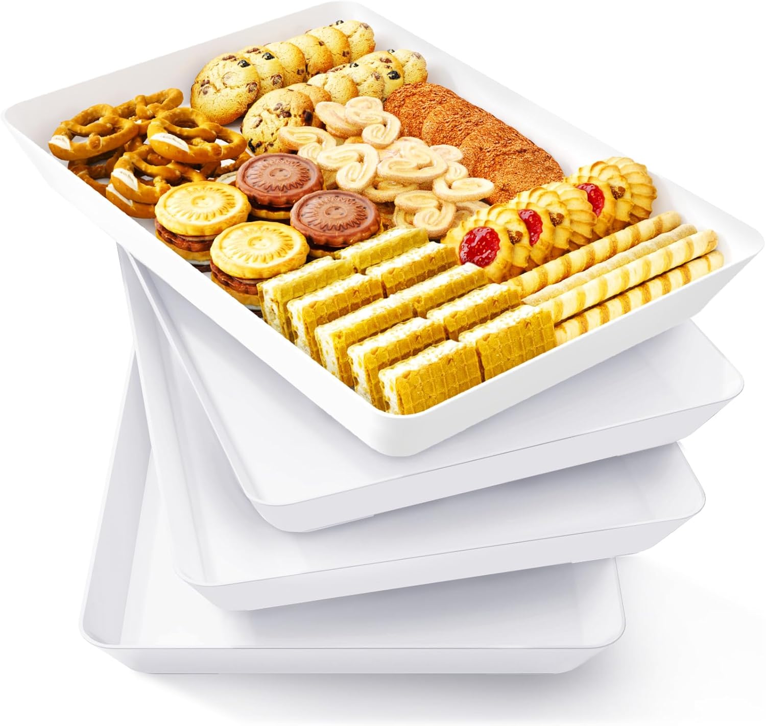 Serving Tray for Party Supplies, Reusable Serving Platter for Catering, Snack, Fruit, Charcuterie, Appetizer, Plastic Food Trays, Hosting Essentials, BPA Free, White, 4 Pcs