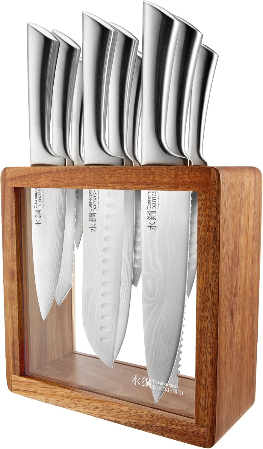 Damashiro Knife Block (Hiryu, 10-Piece Set) - Premium Japanese Steel Knife Set with Acacia Wood Block & Tempered Glass Window - Damascus-Inspired Blade