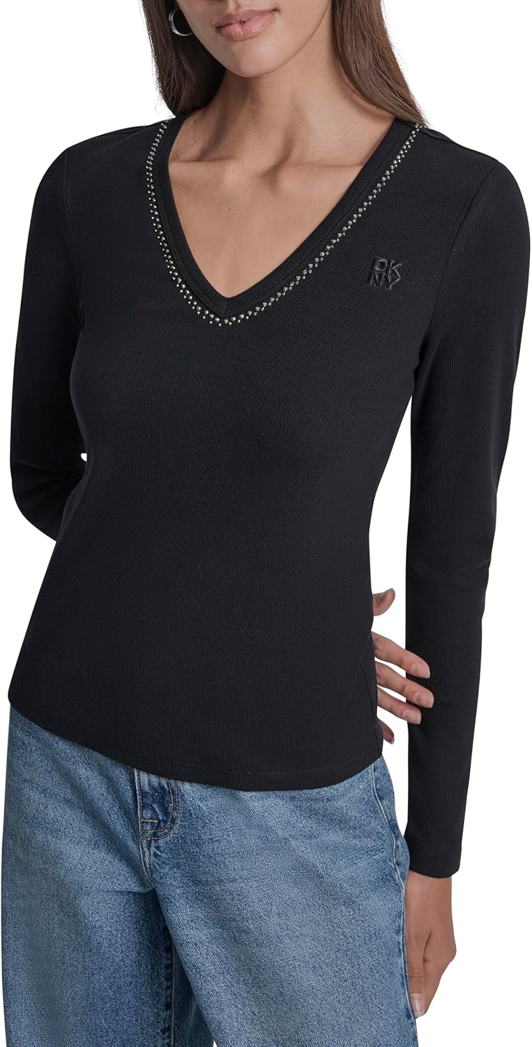 DKNY Women's Jeans Knit Top, Black/Gunmetal, Small