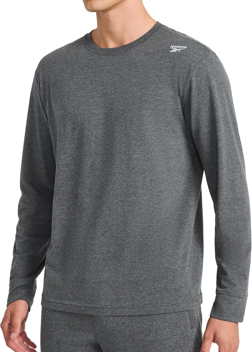 Reebok Men’s Volt Long Sleeve Crewneck Top, Standard Fit, Lightweight Breathable Cotton-Poly Stretch Fabric, Charcoal Heather, Large
