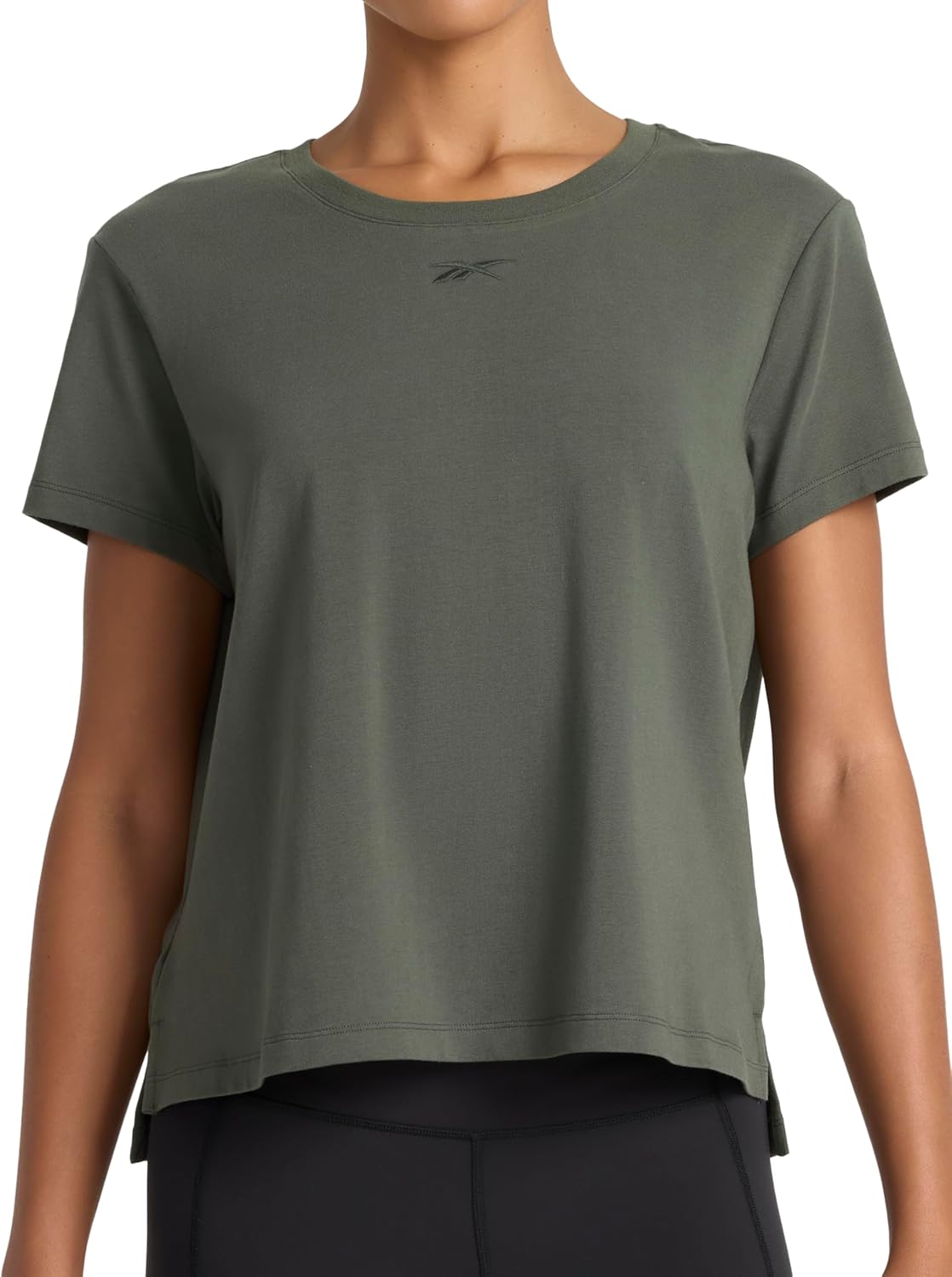 Reebok Women’s Embroidery Hit Graphic Crewneck T-Shirt, Standard Fit, Lightweight Stretch Cotton Fabric, Grit Green, Large