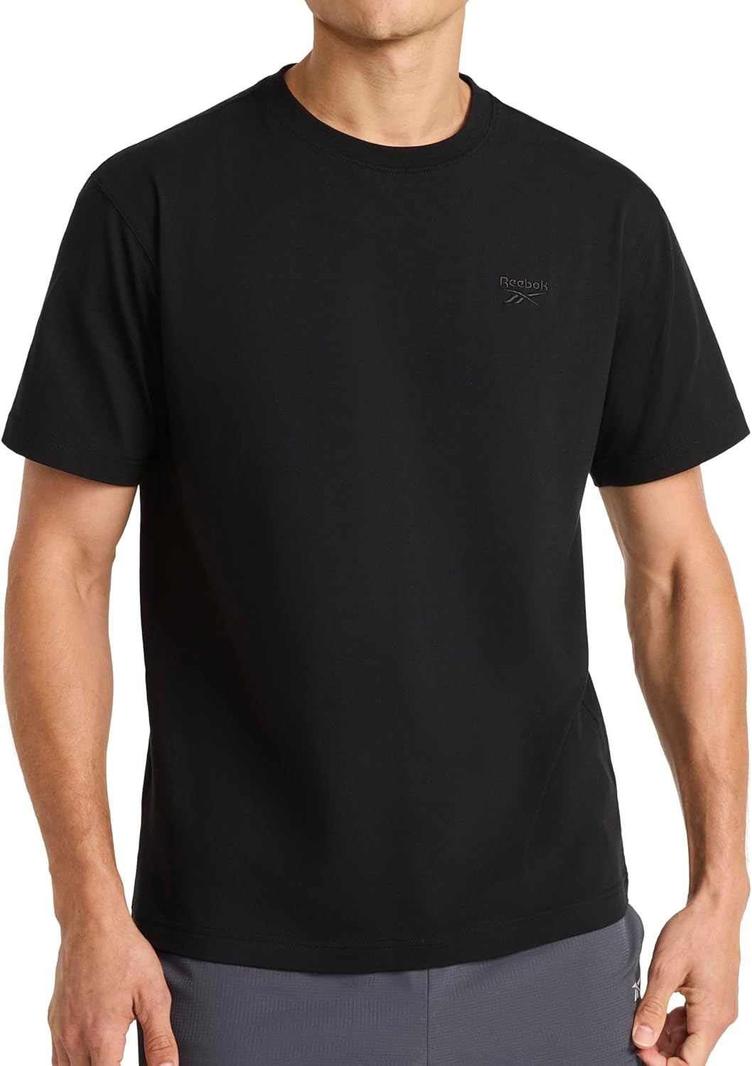 Reebok Men’s Embroidery Crewneck T-Shirt, Standard Fit, Lightweight Stretch Cotton-Blend Jersey Fabric, Black, Large