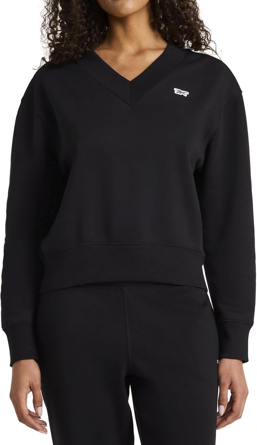 Reebok Women’s Collegiate V-Neck Sweatshirt, Standard Fit, Midweight Cotton-Poly Fabric, Black, Medium