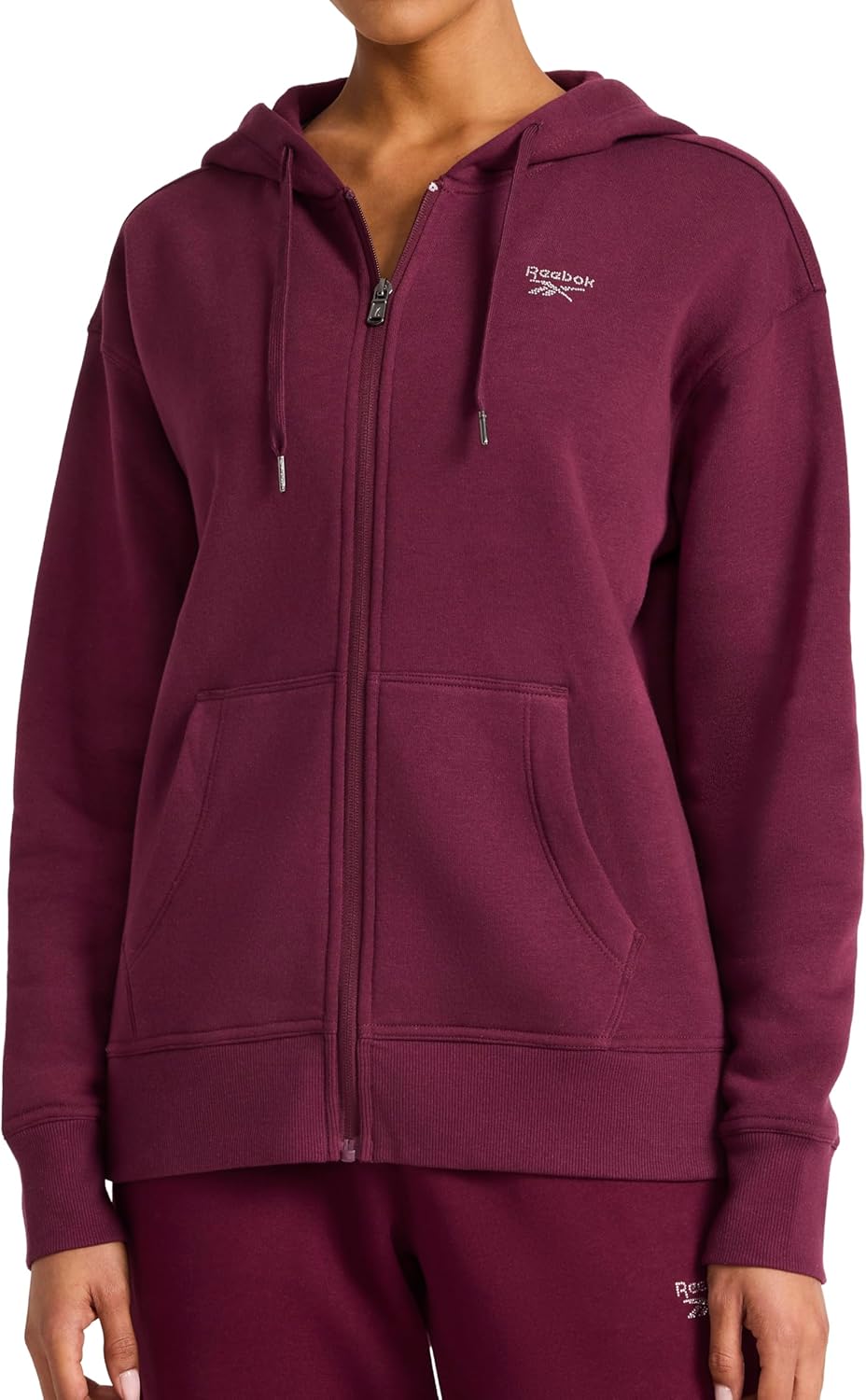 Reebok Women’s Rhinestone Full-Zip Hoodie, Standard Fit, Midweight Cotton-Poly Fabric, Black Cherry, Medium
