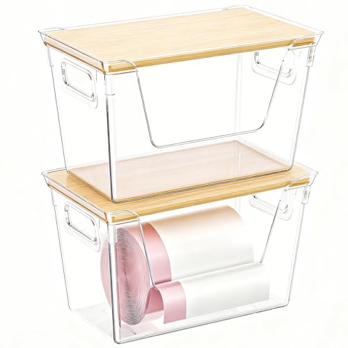 2 Pack Trash Bag Dispenser with Bamboo Lid, Stackable Trash Bag Holder, Large Clear Garbage Bag Organizer for 4-33 Gal Bags, Space-Saving Under Sink Organizer for Kitchen, Laundry, Pantry