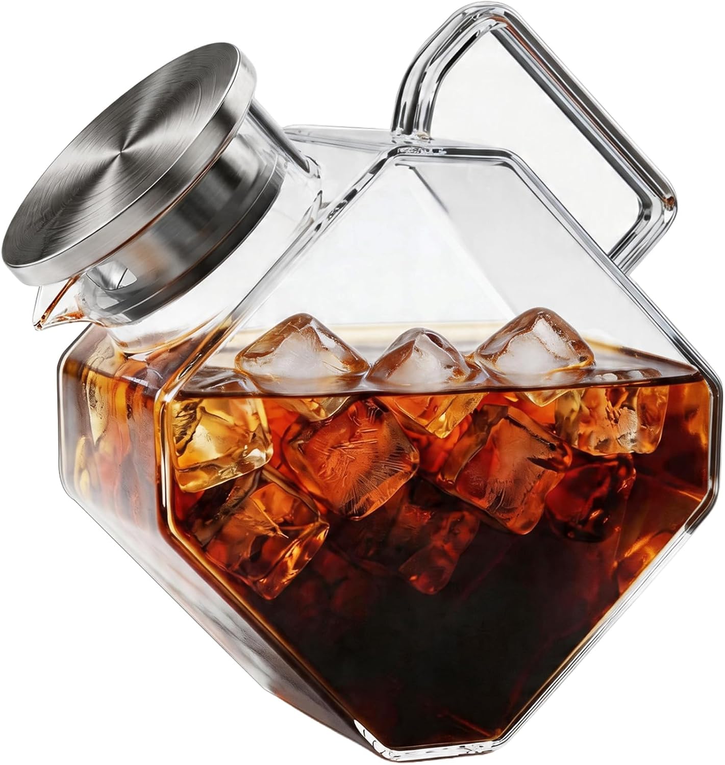 Glass Water Pitcher, 54 oz Elegant Clear Geometric Glass Carafe with Stainless Steel Strainer, Ideal for Iced Tea, Cold Brew Coffee and Daily Beverage, Fits in Refrigerator Side Door