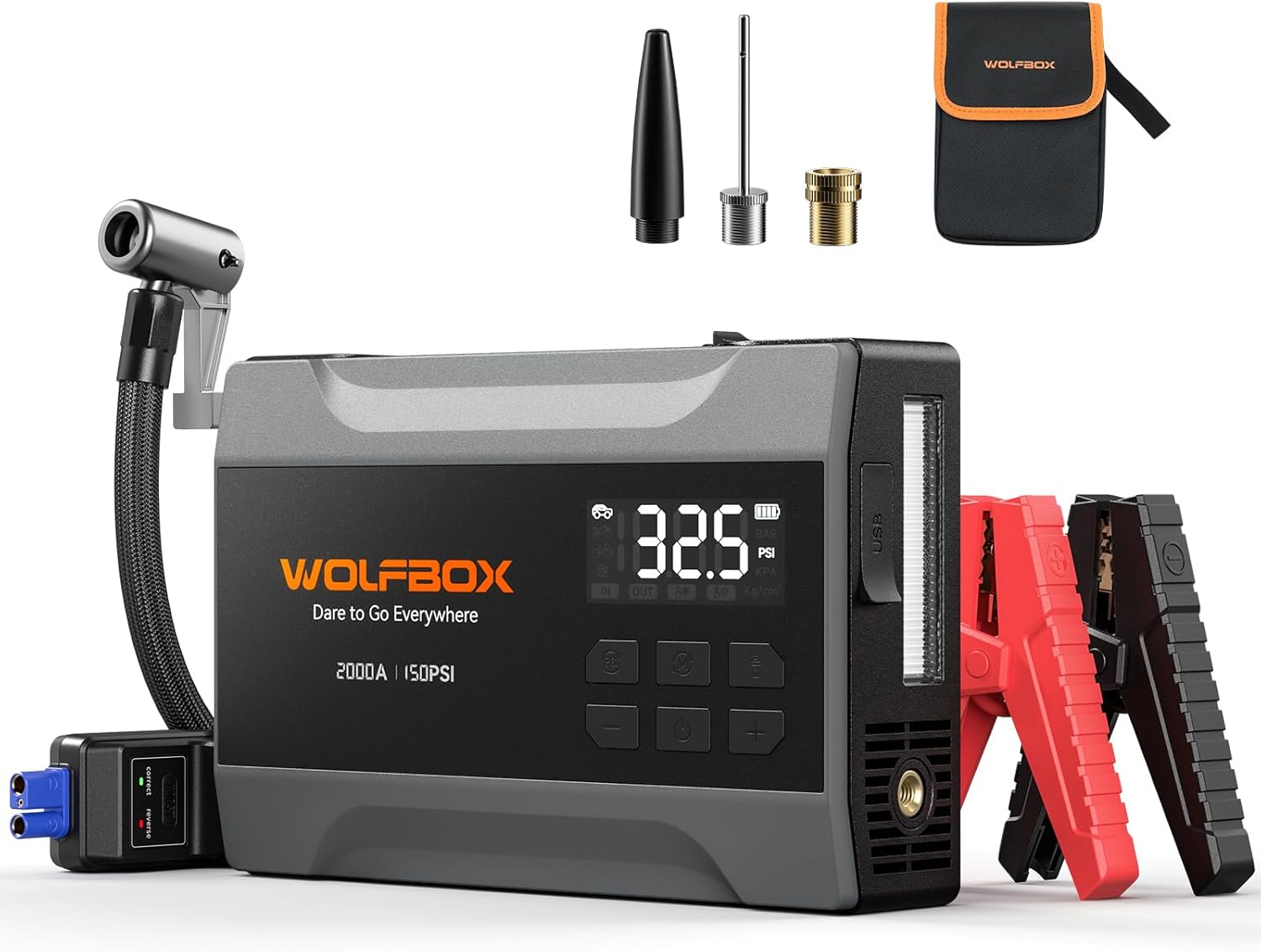 2000A Jump Starter with Air Compressor, 37Wh Car Battery Jumper Starter Portable (up to 5L Gas Engine) with 150PSI Tire Inflator, 12V Jump Box with Jumper Cables, Boost, LED Light