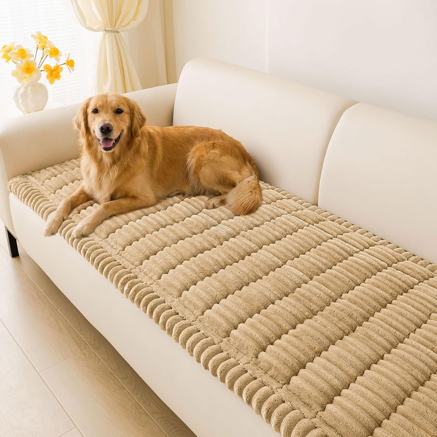 hyha Couch Cover for Dogs Washable, Non Slip Thick Flannel Sofa Protector, Pet Friendly Plush Furniture Cover for Sectional Sofa & Loveseat (Camel, 27.6" x 70.9")