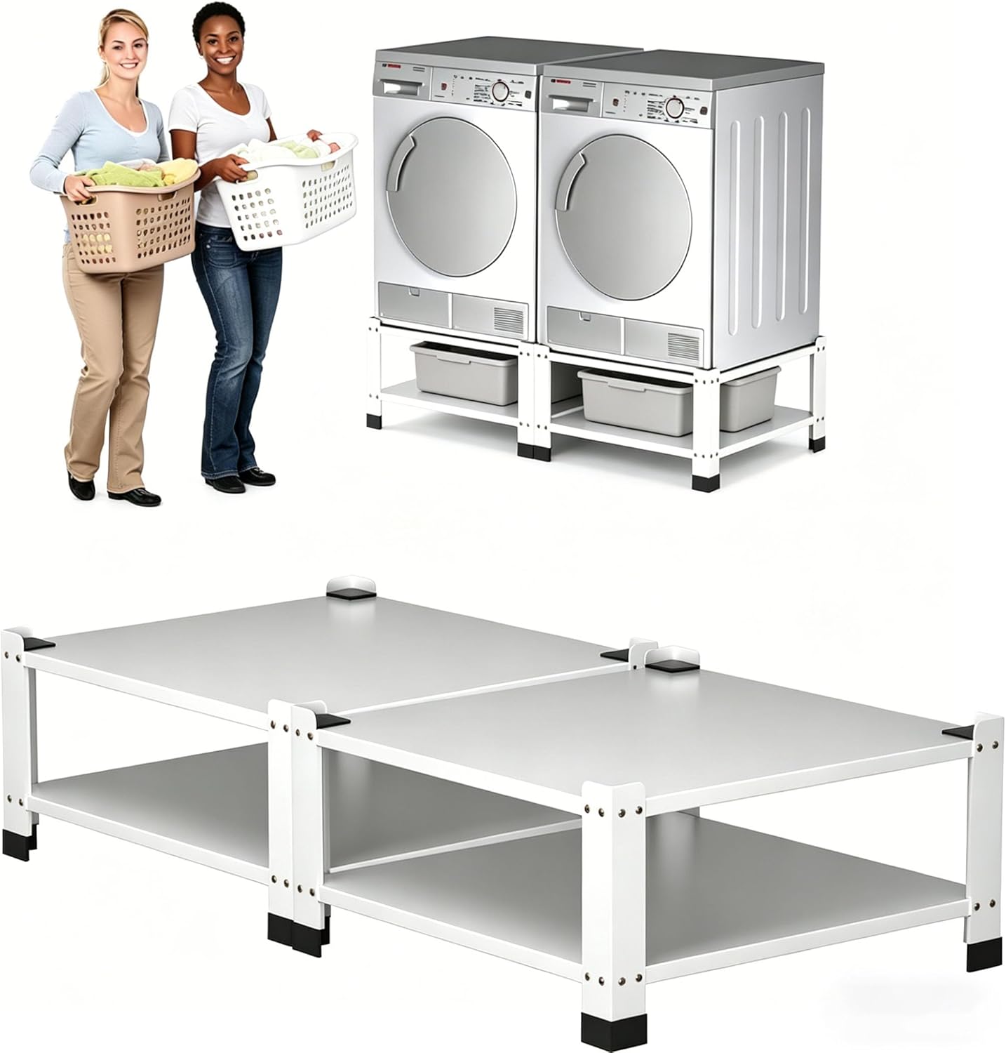 Washer Dryer Laundry Pedestals with Storage Shelf,Washer and Dryer Stand Universal Platform,28.3 in Lx28.3 in Wx14 in H,Fit 660 LBS Capacity, Heavy Duty Steel Multi-Functional Base for Washing Machine