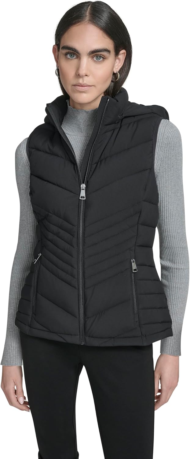 Calvin Klein Women's Lightweight Hooded Puffer Vest – Quilted Stretch Winter Outerwear with Zipper Pockets, Ebony, L