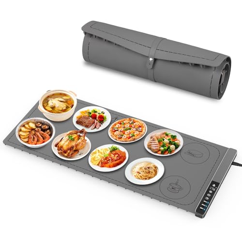 Warming Mat for Food, 3-Zone Food Warming Mat, 36x15 Inch Food Warmer Chafing Dishes for Buffet, 9 Temp&Timer, Child Safety Lock,18mm Feet Protects Table for Kitchen & Daily Use (Gray-36inches)