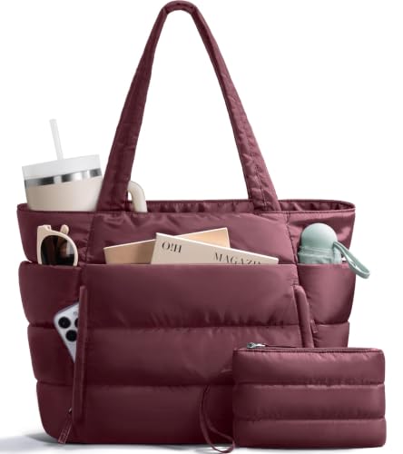 Bagstellar Puffer Tote Bag for Women, Lightweight Puffy Work Tote Handbag | 16 Pocket Teacher Nurse Quilted Shoulder Bag Large Cloud Carry On Purse for Travel Gym School Nursing