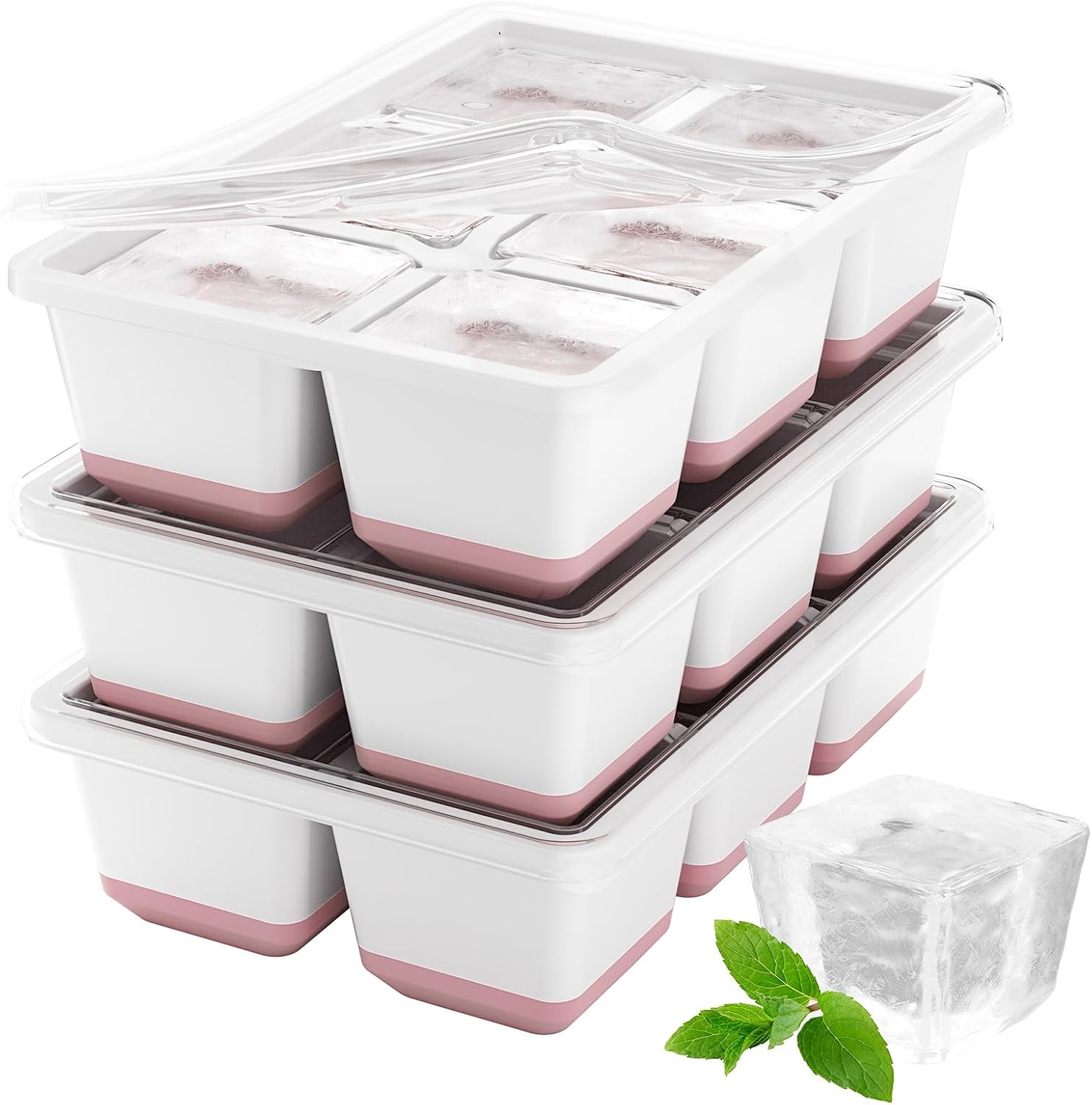 Optish Large Ice Cube Molds, 3 Pack Whiskey Square Ice Molds, 1.8 Inch Big Ice Cube Tray, Stackable Cocktail Ice Tray with Lid, Easy to Release (Pink)