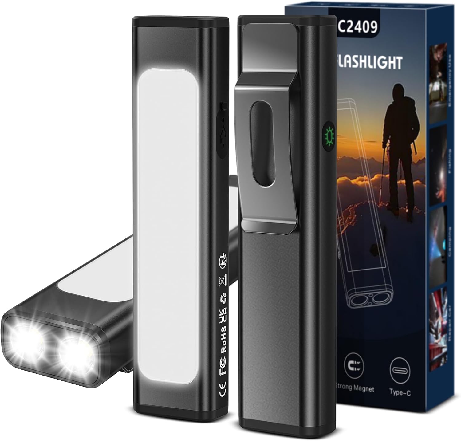 Spriak EDC Flat Flashlight Rechargeable, 1200 Lumens USB-C (Black, 2PCS) | Pocket Flashlight with Clip, 9 Modes Magnetic Waterproof Small Flash light for Camping, Work, Repair & Emergencies