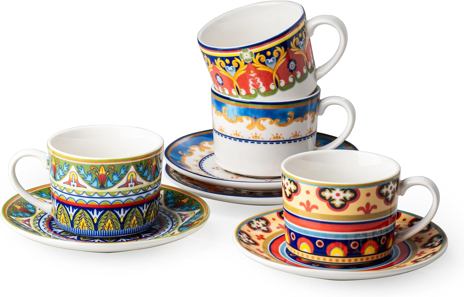 Ceramic Coffee Cup with Saucers, 6 oz Colorful Mugs with Dishes, Porcelain Cups Set of 4 for Latte, Cappuccino, Tea, Boho Style, Microwave & Dishwasher Safe