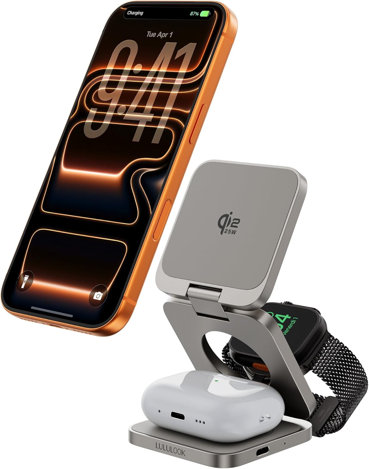 LULULOOK 3 in 1 Charging Station - Qi2.2 25W Wireless Charger Magnetic for iPhone 17/16/15/14/13/12, Apple Watch, AirPods, Fast Charge Stand with 45W GaN Adapter, Foldable Aluminum Alloy