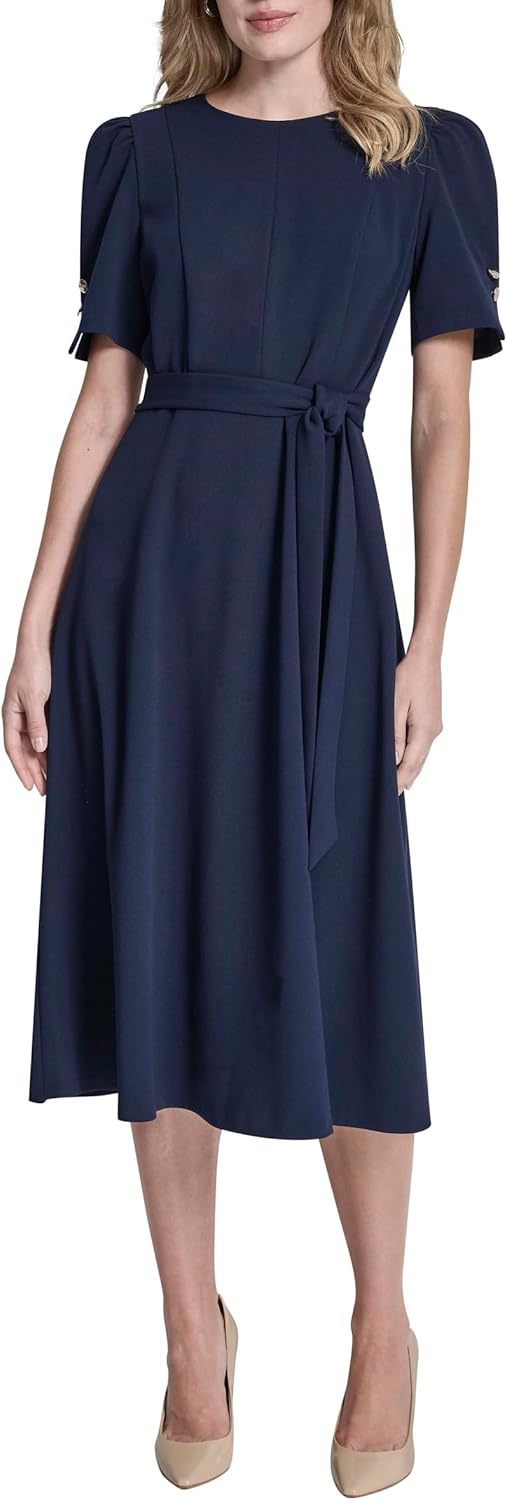 Women's Short Puff Sleeve Jewel Neck Midi Dress Removable Belt Scuba Crepe Dress, Spring Navy, 4