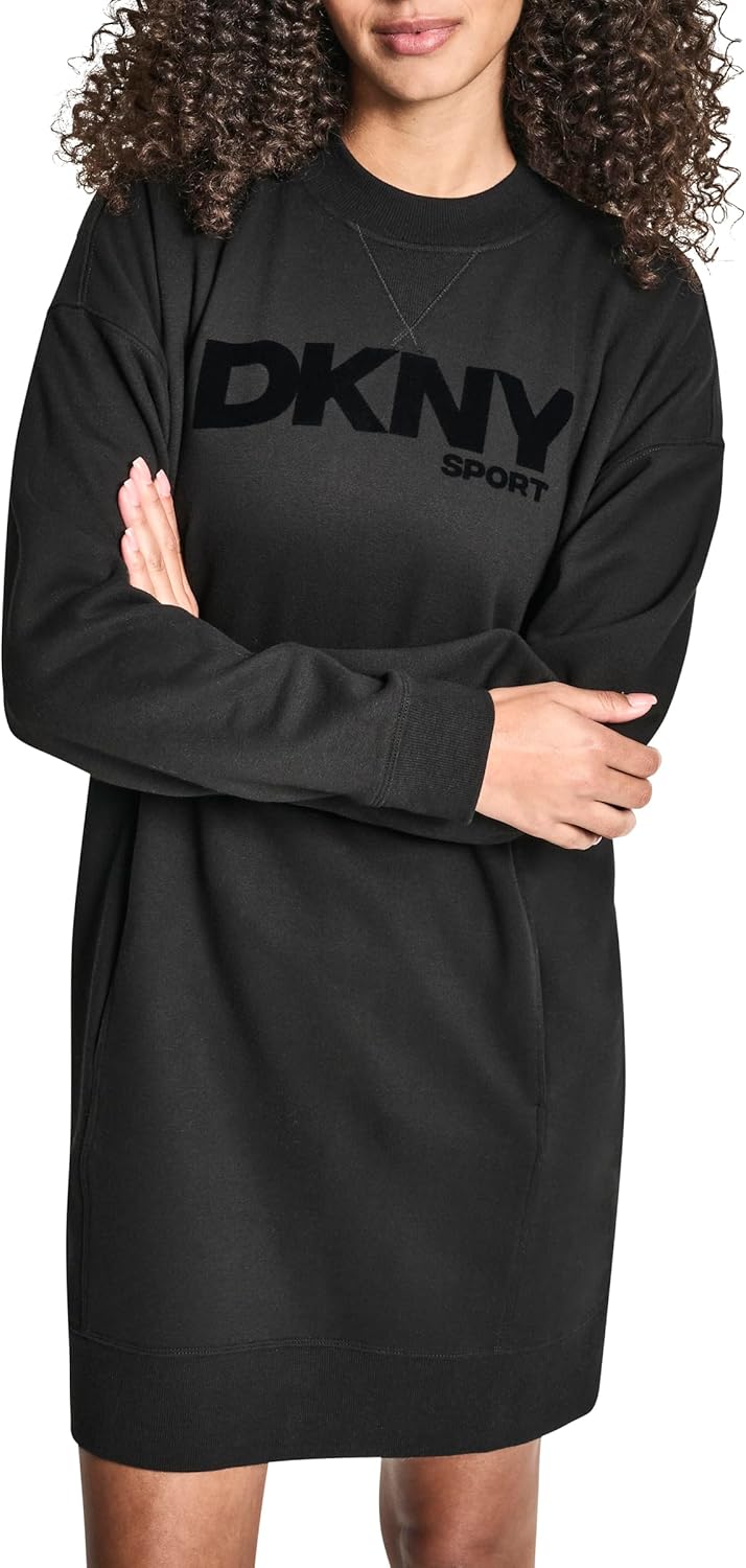 DKNY Women's Long Sleeve High Neck Flocked Logo Fleece Sneaker Dress