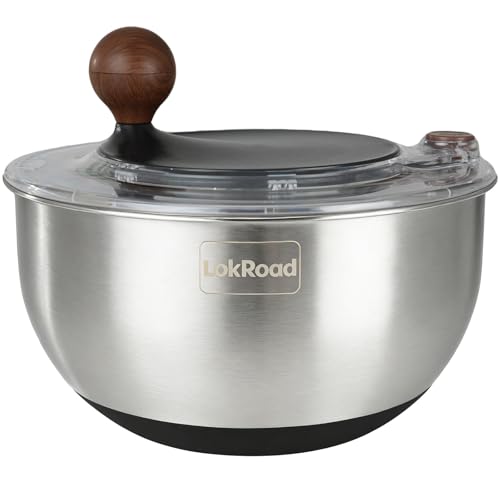Stainless Steel Salad Spinner, 5.3 Qt Large Lettuce & Vegetable Cleaner with Non-Slip Bottom, Quick Stop Button, Dishwasher Safe Fruit Washer, BPA-free, Black