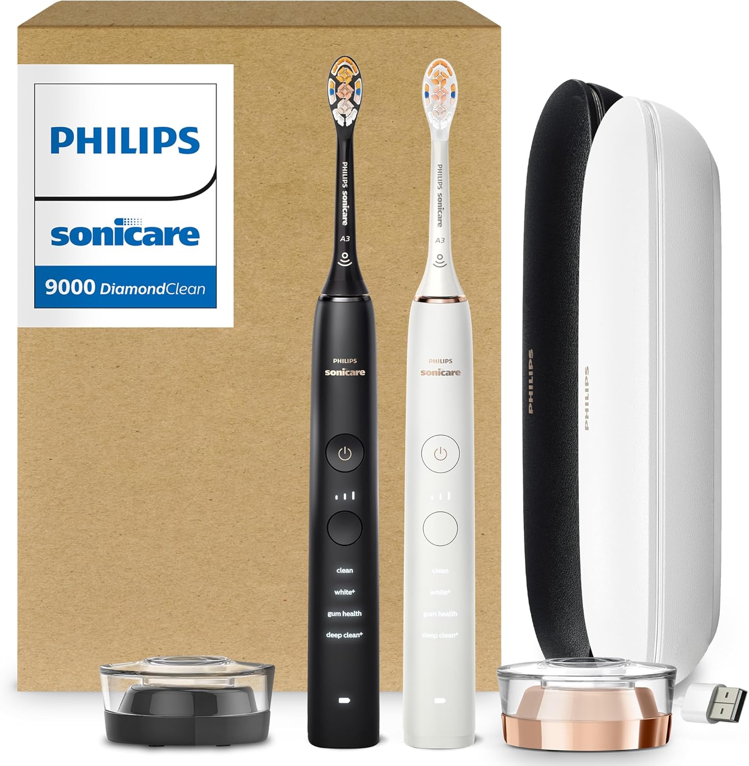 Philips Sonicare DiamondClean 9000 Electric Toothbrush - Sonic Toothbrush with App, Pressure Sensor, 12 Brushing Settings, Replacement Reminder, USB Charging Case, Black & Rose Gold, 2-Pack, HX9912/71