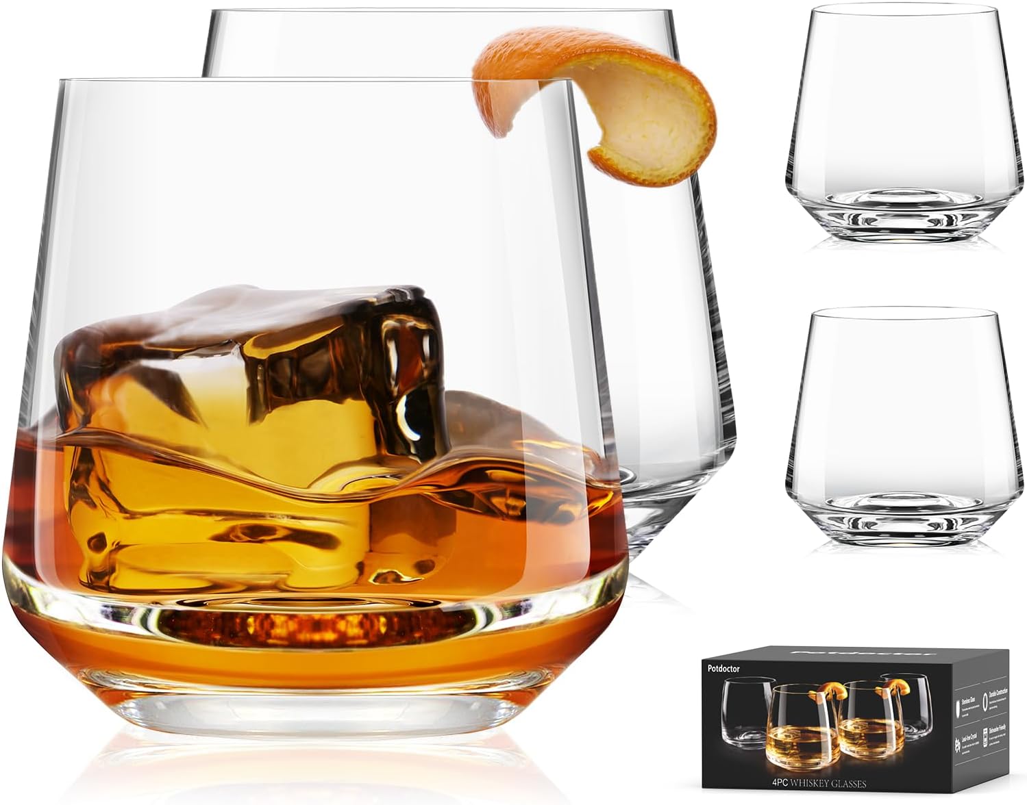 Whiskey Glasses Set of 4,13.5 Oz Crystal Old Fashioned Rocks Glasses for Bourbon Scotch Cocktails Drink Rum Cognac Vodka Liquor -Unique Gifts for Men,