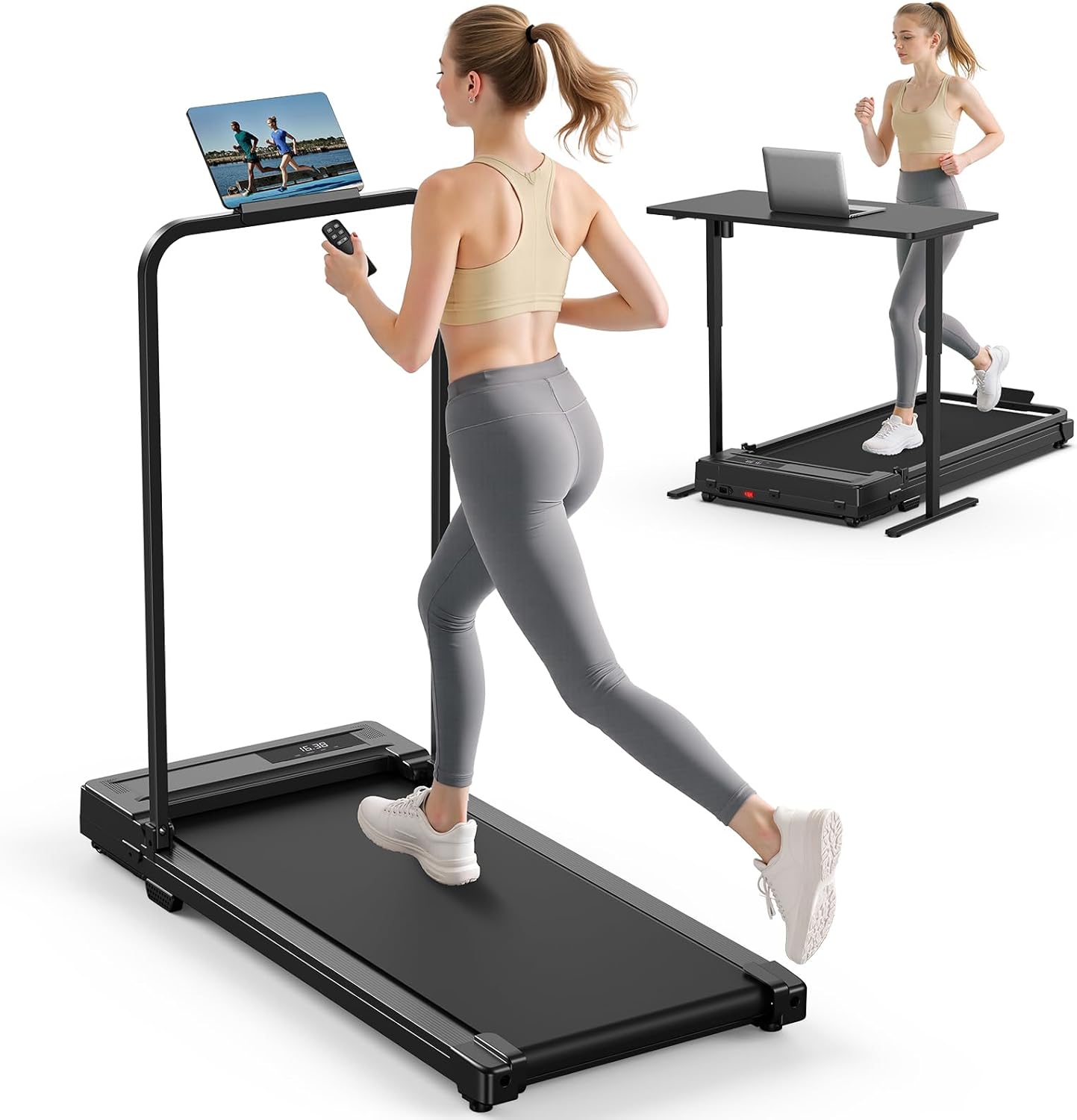 Walking Pad Treadmill for Home - Folding Treadmills with Handle Bar Portable Compact Fold up Indoor Foldable Handles Electric Walk Pads Small Spaces Mini Running Quiet Under Bed Office