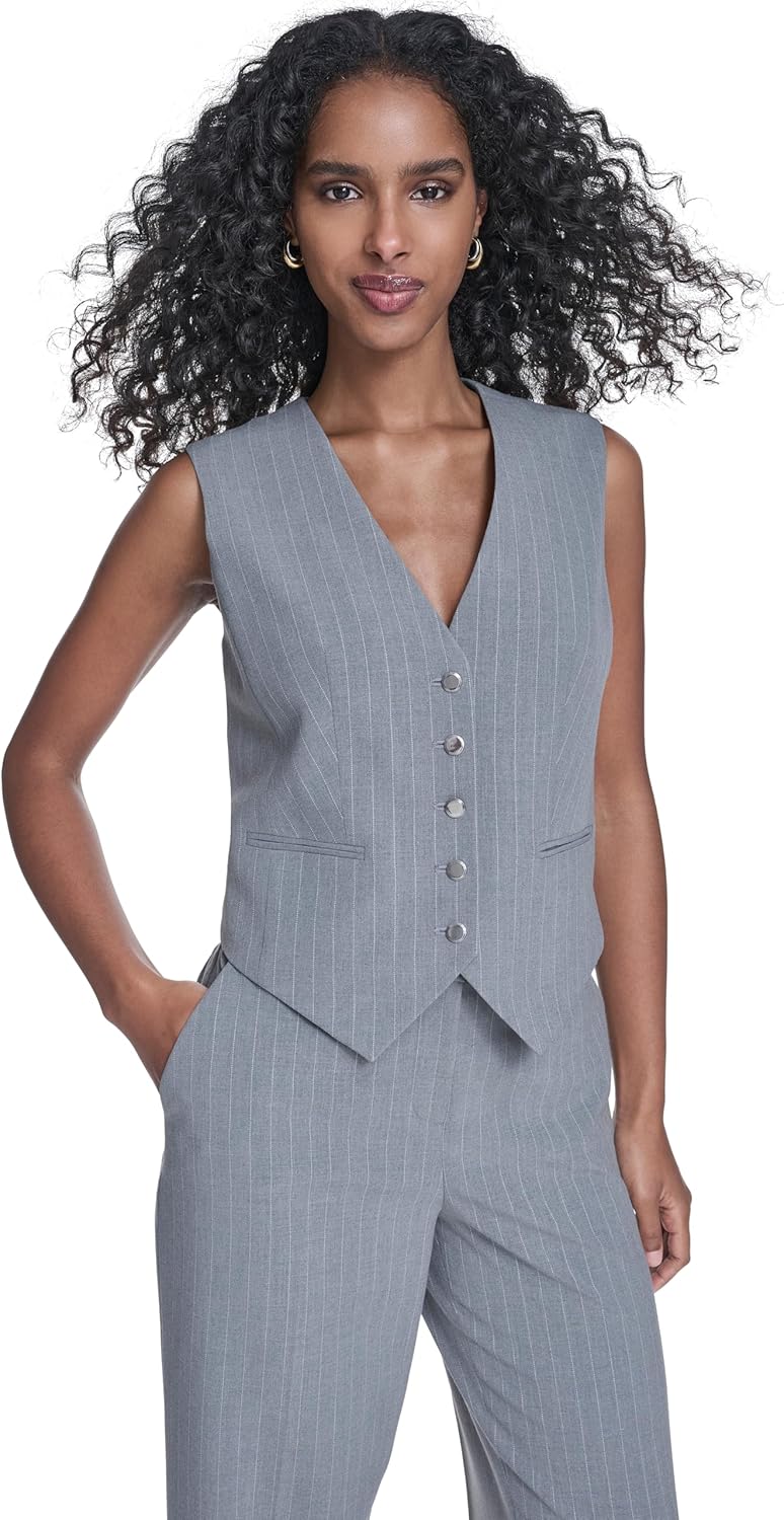 Calvin Klein Women's Front Button Sleeveless V Neck Vest, Heather Charcoal/Cream, 4