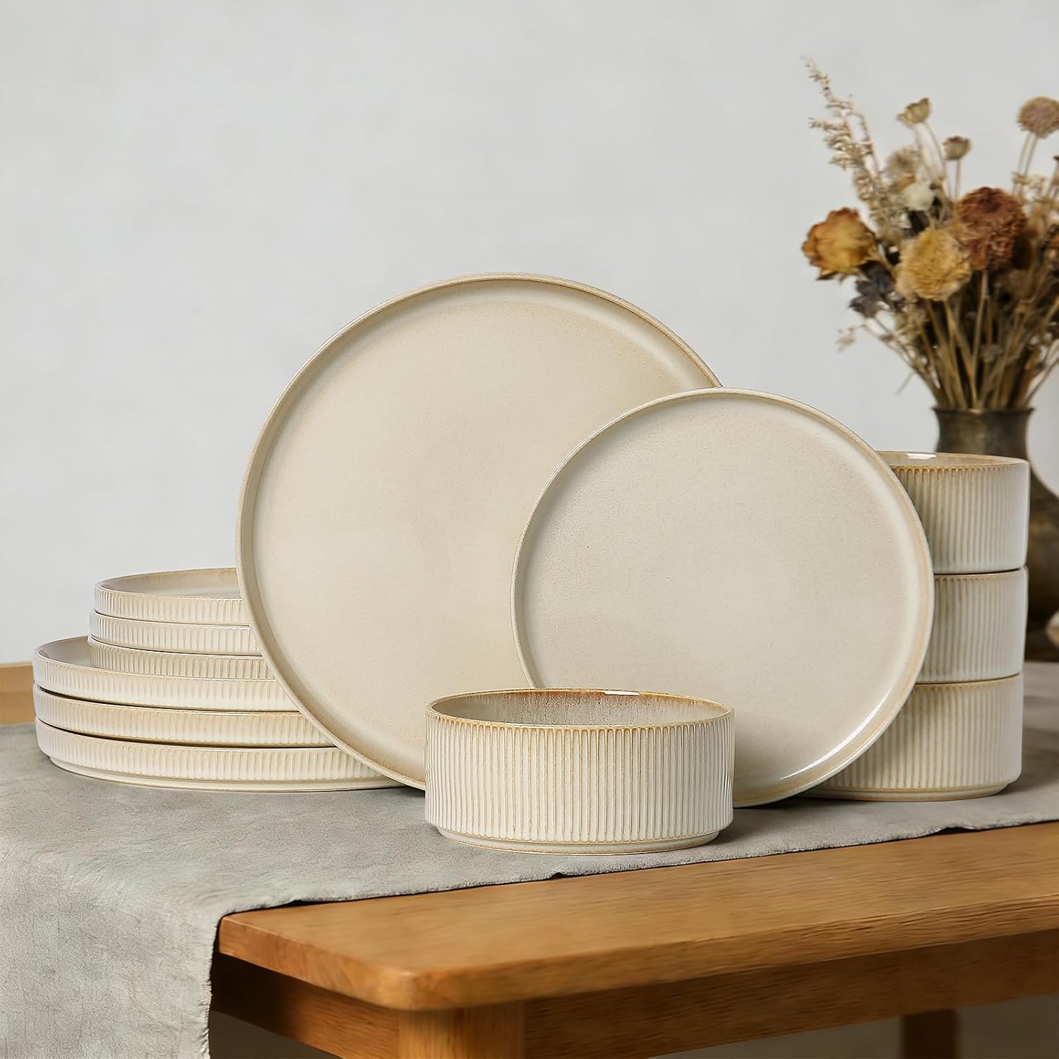 Stoneware Dinnerware Sets, Plates and Bowls Sets for 4, 12-Piece Ribbed Dishes – Chip & Scratch Resistant, Microwave and Dishwasher Safe Tableware, Beige