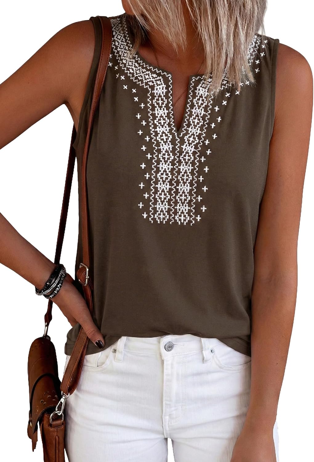 Womens Tank Tops 2026 Summer Causal V Neck Sleeveless Shirts Floral Print Embroidered Beach Vacation Boho Top(Brown,Medium)