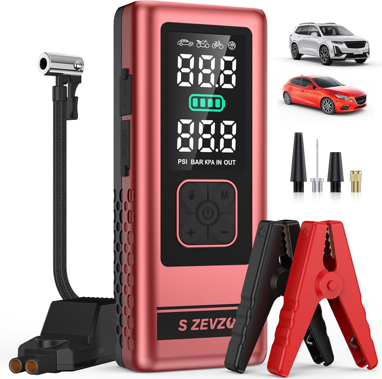 S ZEVZO 10 in 1 Car Jump Starter with Air Compressor, 4000A 150PSI Jump Box Battery Pack(6.0 Gas/4.0L Diesel), Portable 12V Jump Box with Auto-Shutoff Tire Inflator, USB Ports, LCD Display & LED Light