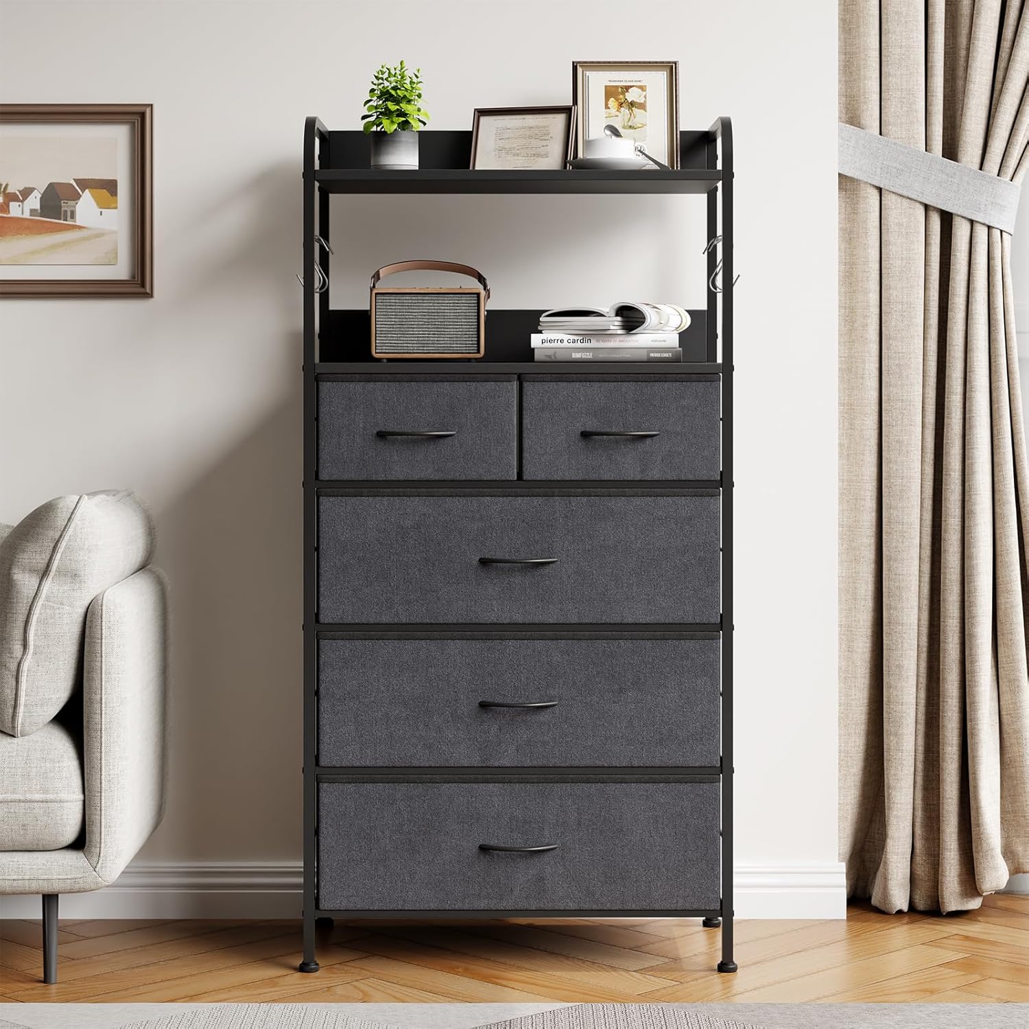 Dresser for Bedroom, 5 Drawer Dresser for Bedroom, Storage Organizer with Fabric Bins, Wood Top, Sturdy Steel Frame, Easy Pull Handle, Hallway, Grey